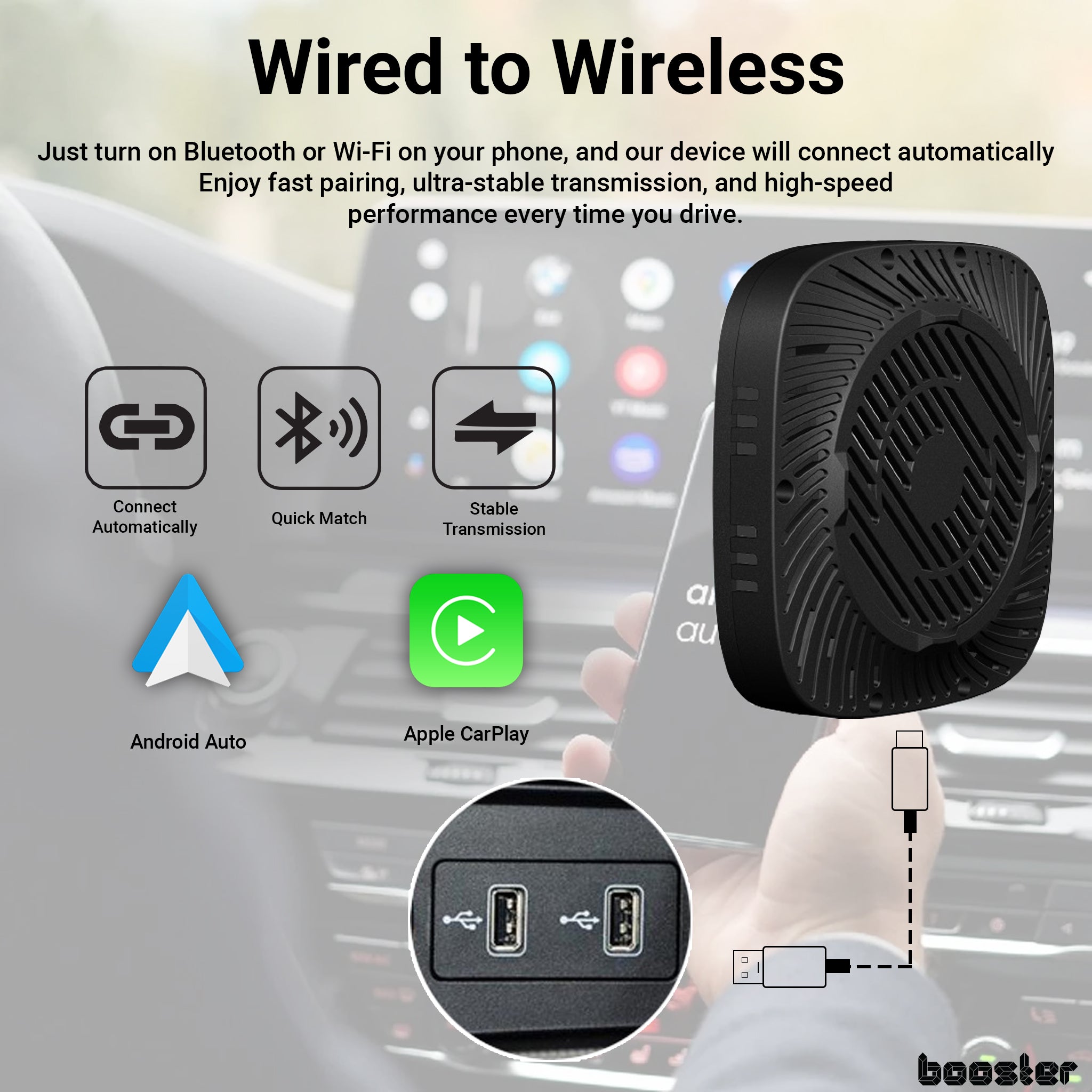 Booster 3-in-1 Video AI Box for Streaming Netflix/YouTube/TikTok, Wireless Carplay Adapter Box with USB Drive for OEM Wired Apple Car Play