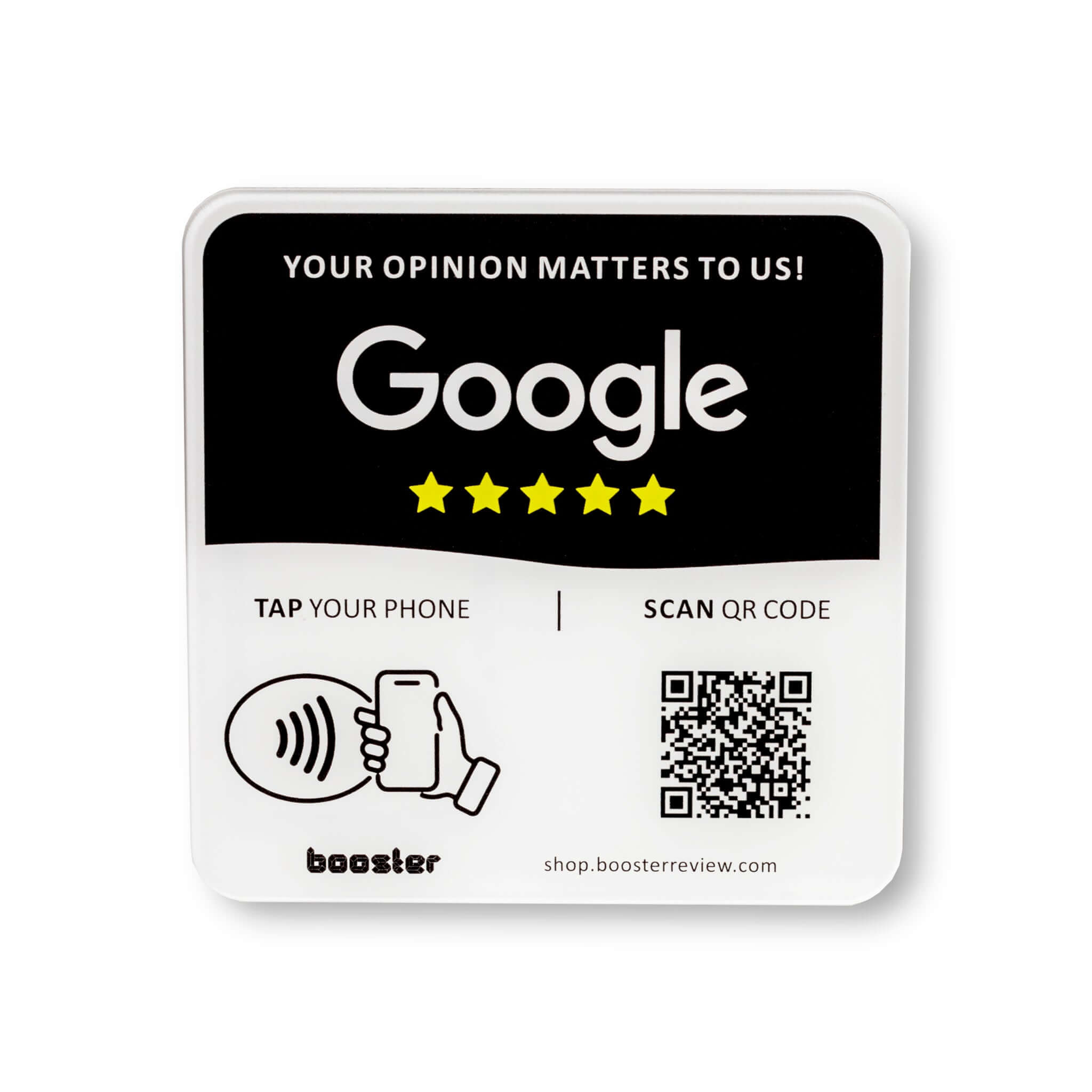 Tap Google Review Plate - Tap pentru recenzii instantanee - Toate telefoanele compatibile - Reutilizabil Smart Tap NFC & QR - 12 x 12 cm - Montați oriunde 3M adeziv