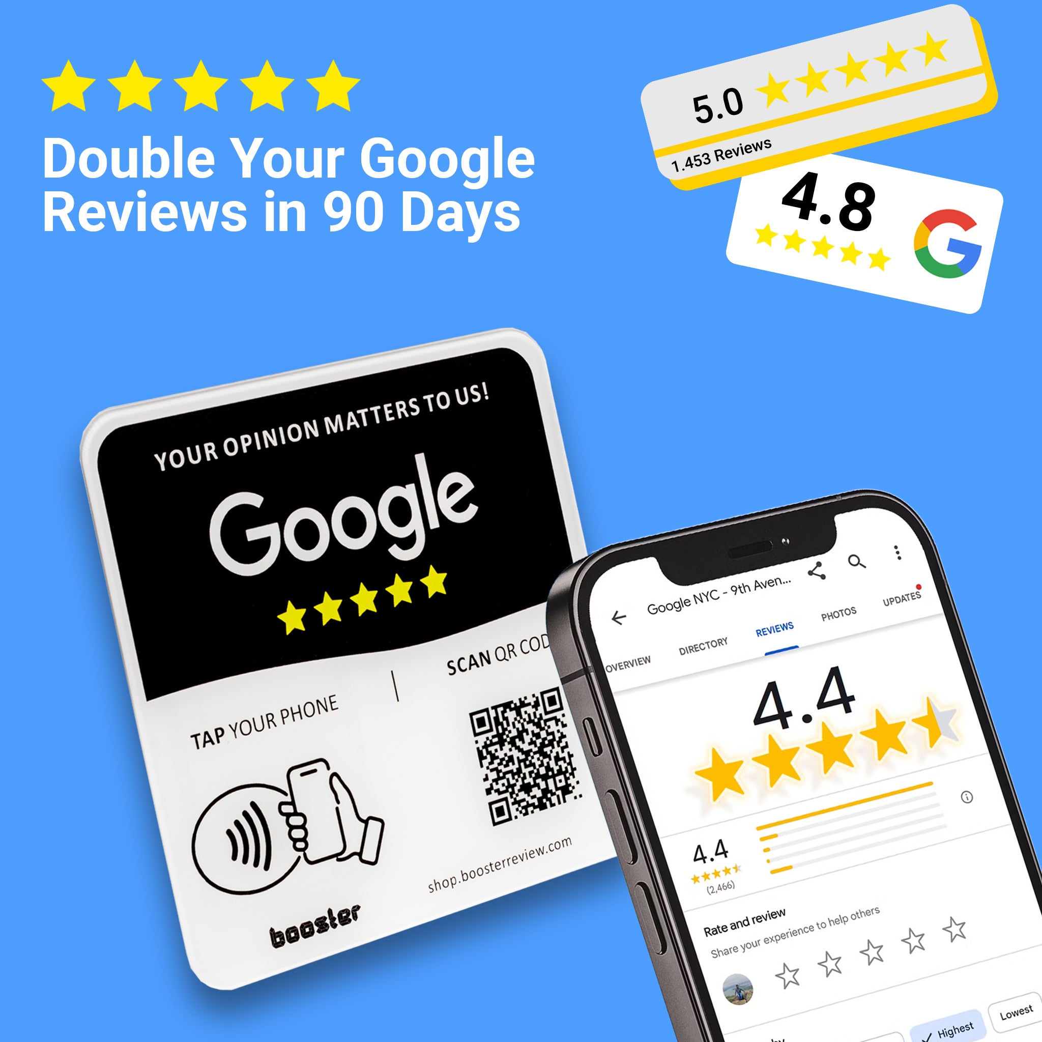 Tap Google Review Plate - Tap pentru recenzii instantanee - Toate telefoanele compatibile - Reutilizabil Smart Tap NFC & QR - 12 x 12 cm - Montați oriunde 3M adeziv