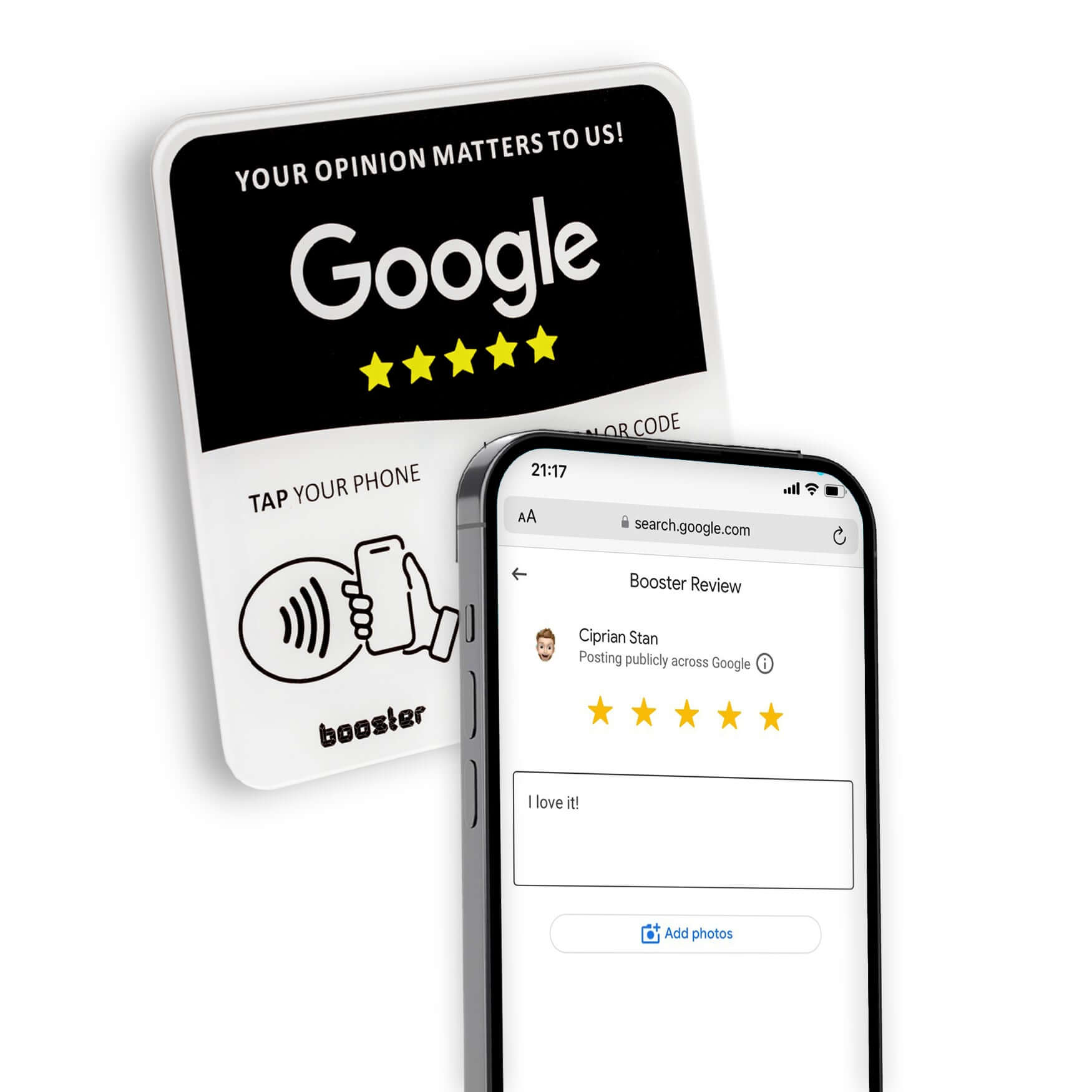 Tap Google Review Plate - Tap pentru recenzii instantanee - Toate telefoanele compatibile - Reutilizabil Smart Tap NFC & QR - 12 x 12 cm - Montați oriunde 3M adeziv