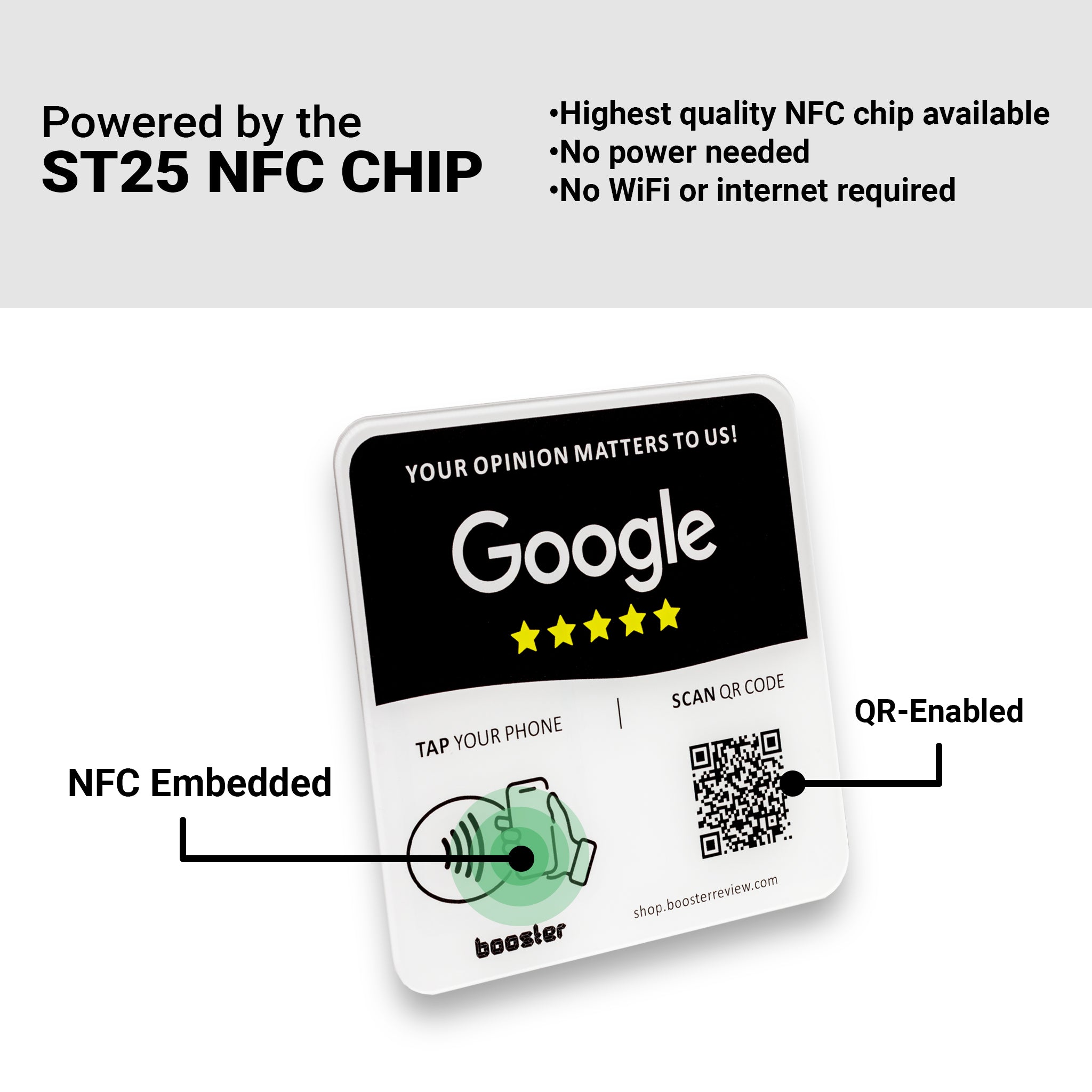 Tap Google Review Plate - Tap pentru recenzii instantanee - Toate telefoanele compatibile - Reutilizabil Smart Tap NFC & QR - 12 x 12 cm - Montați oriunde 3M adeziv