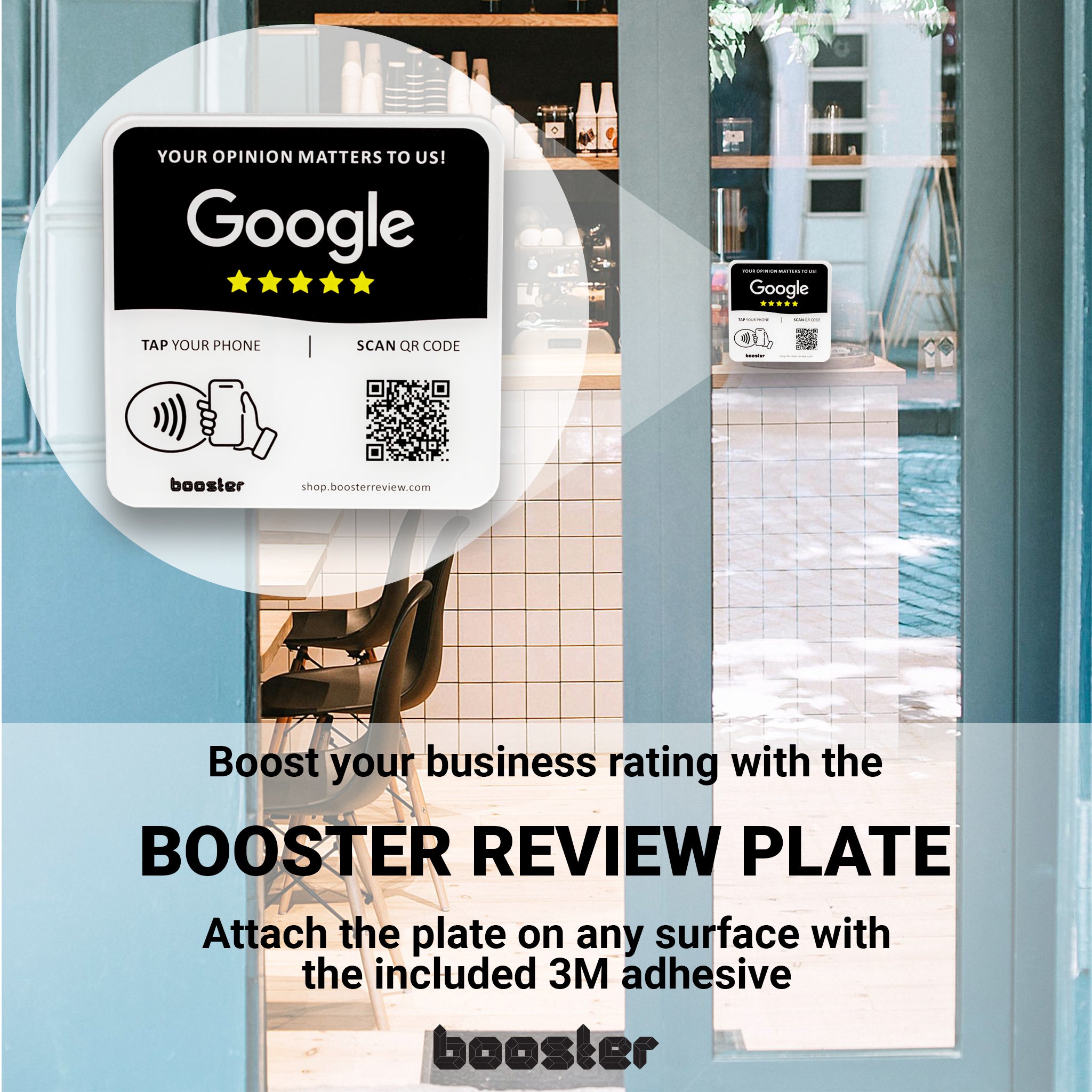 Tap Google Review Plate - Tap pentru recenzii instantanee - Toate telefoanele compatibile - Reutilizabil Smart Tap NFC & QR - 12 x 12 cm - Montați oriunde 3M adeziv