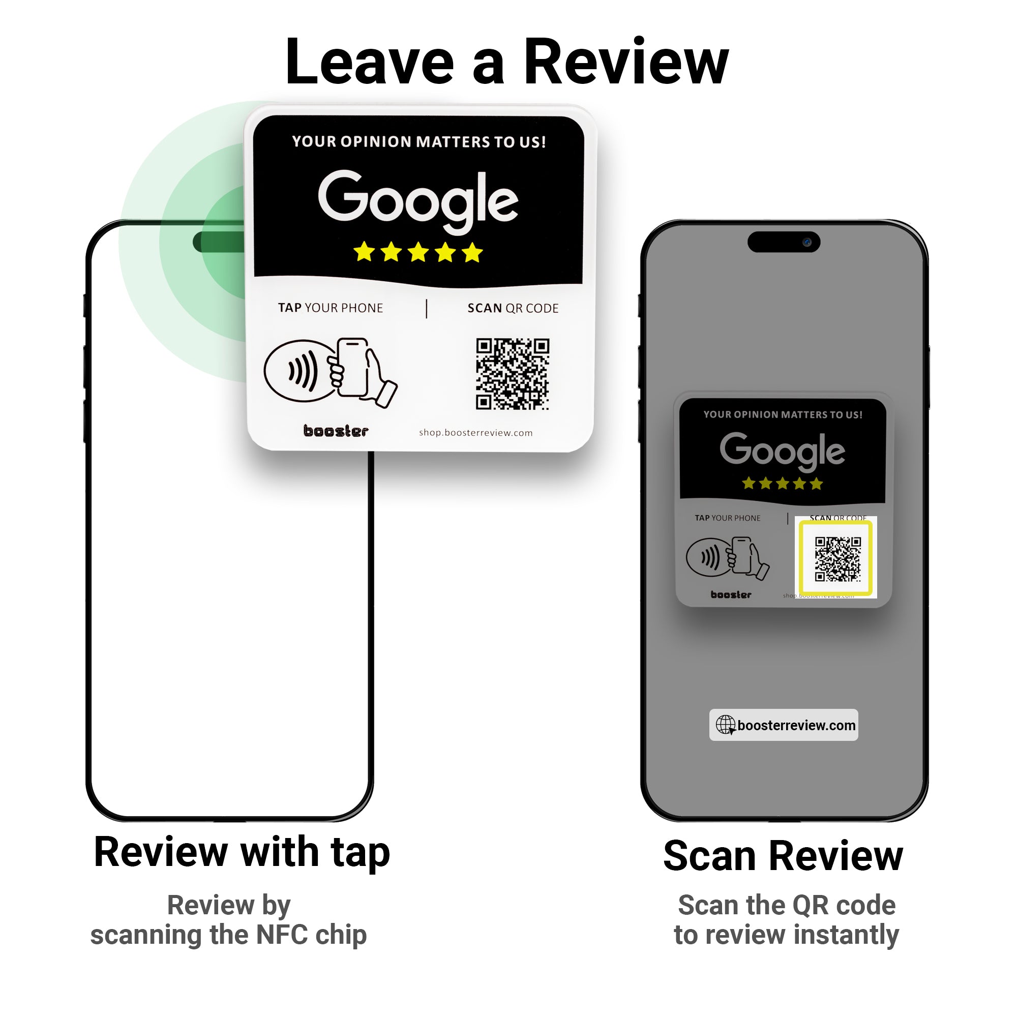 Tap Google Review Plate - Tap pentru recenzii instantanee - Toate telefoanele compatibile - Reutilizabil Smart Tap NFC & QR - 12 x 12 cm - Montați oriunde 3M adeziv