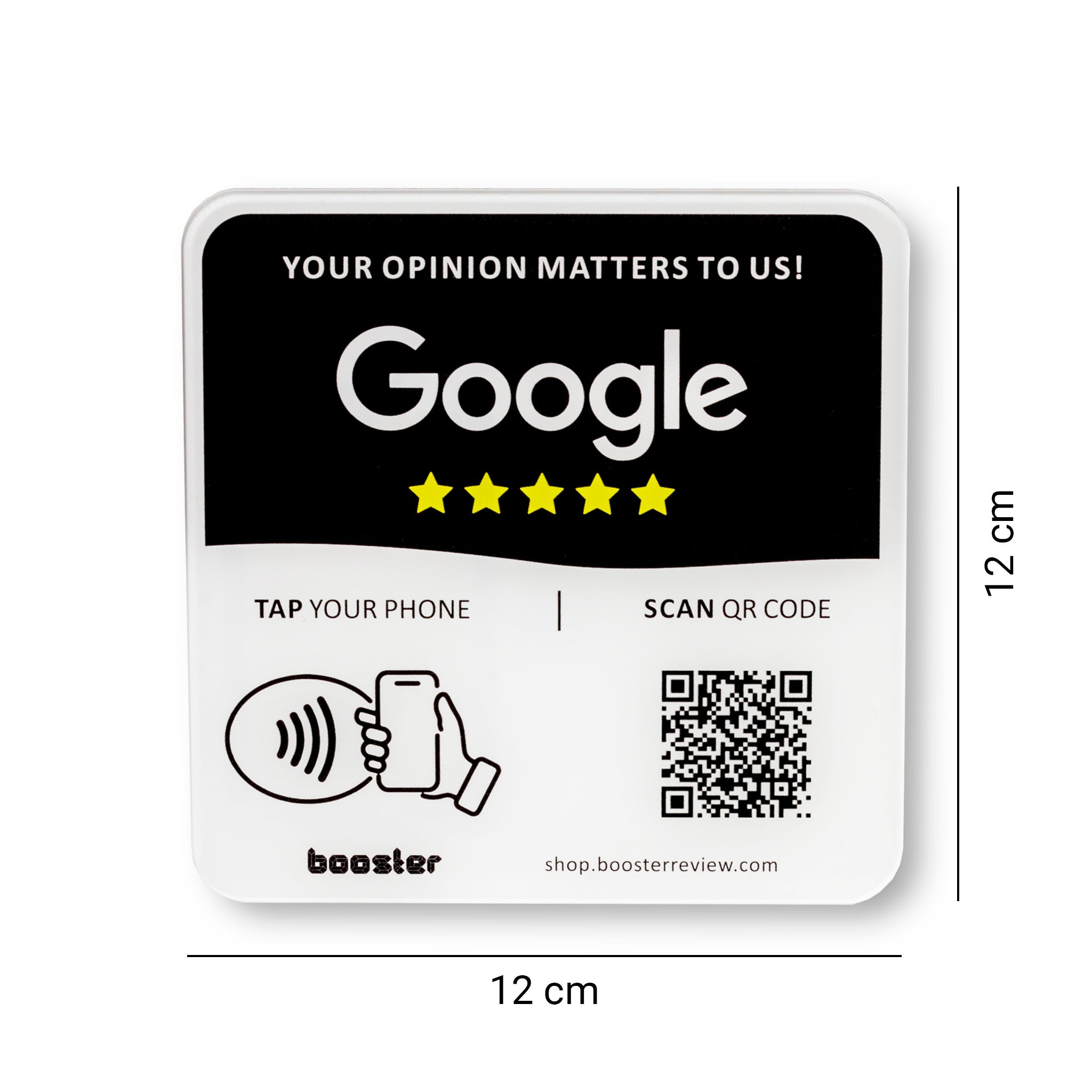 Tap Google Review Plate - Tap pentru recenzii instantanee - Toate telefoanele compatibile - Reutilizabil Smart Tap NFC & QR - 12 x 12 cm - Montați oriunde 3M adeziv