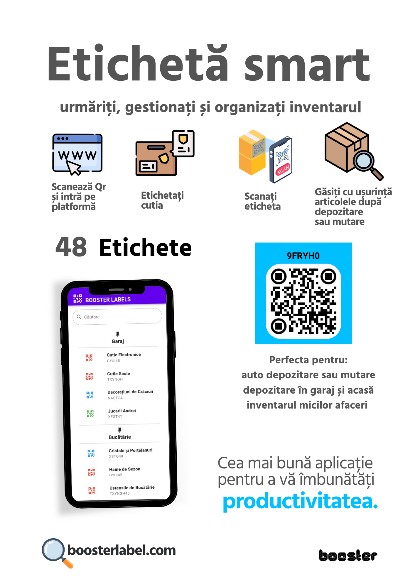 Etichete Inteligente cu Cod QR | Abțibilduri Scanabile cu Coduri de Culori pentru Cutiile de Depozitare, Containere de Mutare și Organizare | Pachet de 48 (Original)