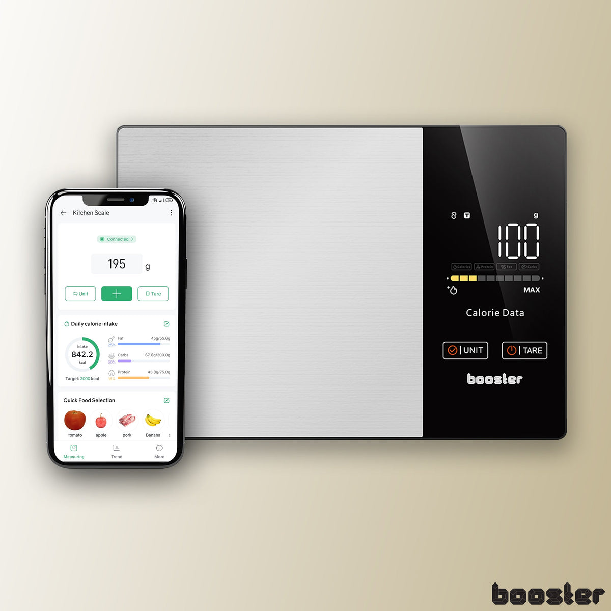 Cântar de bucătărie Booster SmartSense și exemplu de interfață a aplicației