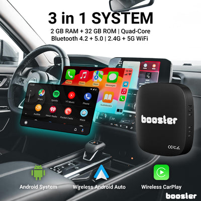 Booster 3-in-1 Video AI Box for Streaming Netflix/YouTube/TikTok, Wireless Carplay Adapter Box with USB Drive for OEM Wired Apple Car Play