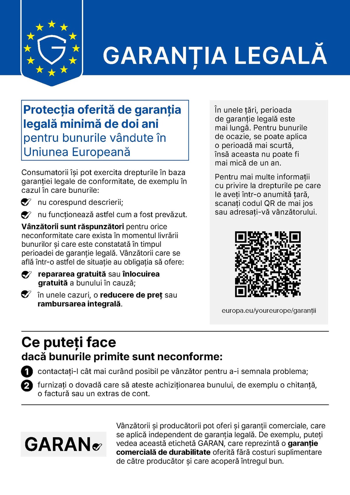 Notificare oficială a Uniunii Europene privind garanția legală
