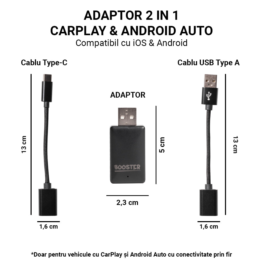 Adaptor Wireless Booster Car pentru CarPlay și Android Auto, Plug and Play, Compatibil cu iPhone și Android