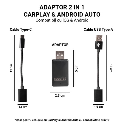 Adaptor Wireless Booster Car pentru CarPlay și Android Auto, Plug and Play, Compatibil cu iPhone și Android