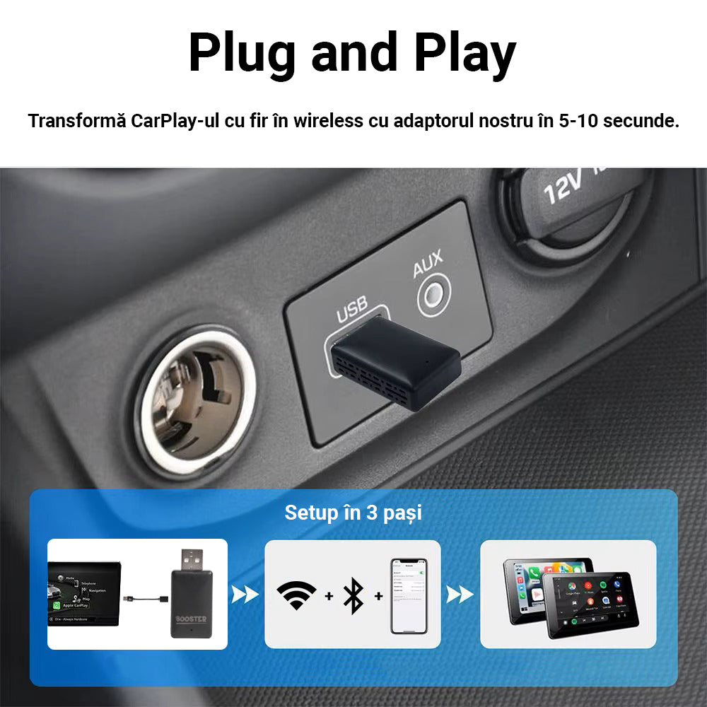 Adaptor Wireless Booster Car pentru CarPlay și Android Auto, Plug and Play, Compatibil cu iPhone și Android